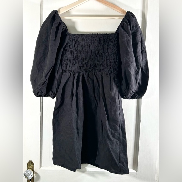 Tuckernuck Annie 100% Linen Smocked Puff Sleeve Dress Black XS - Picture 3 of 7